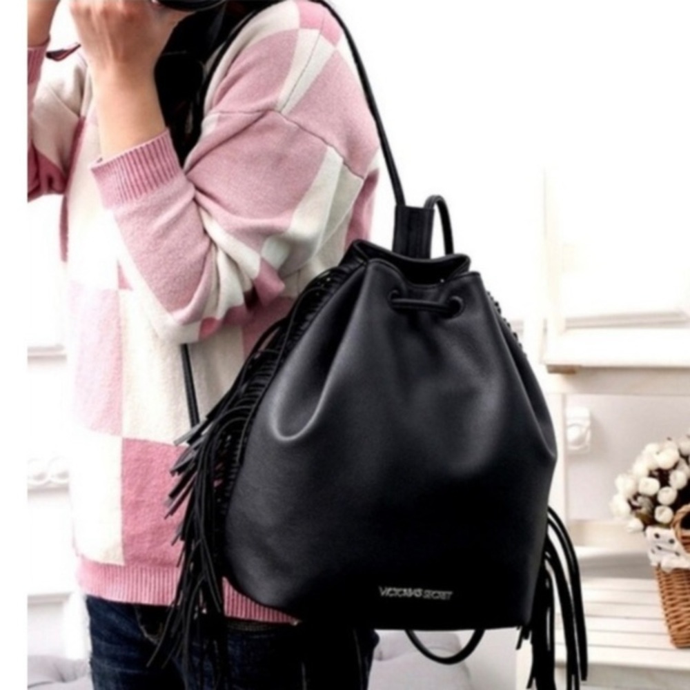 Victoria Secret Black Fringe Faux Pebble Leather Backpack Carry All Backpack NWT